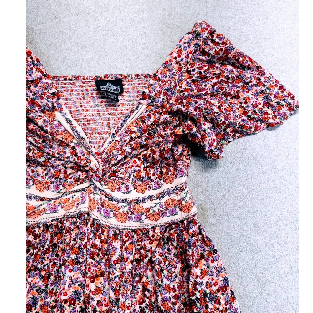 Angie Floral Mini Dress Womens M Multicolor Boho Flutter Sleeve V-Neck Smocked - Picture 3 of 9